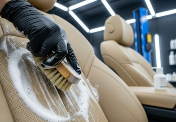 Imagen enfocada de una persona limpiando los asientos de cuero de su coche con cepillo