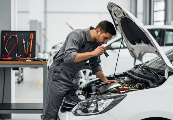 mecánico mirando el motor de un coche en una revisión dentro del taller
