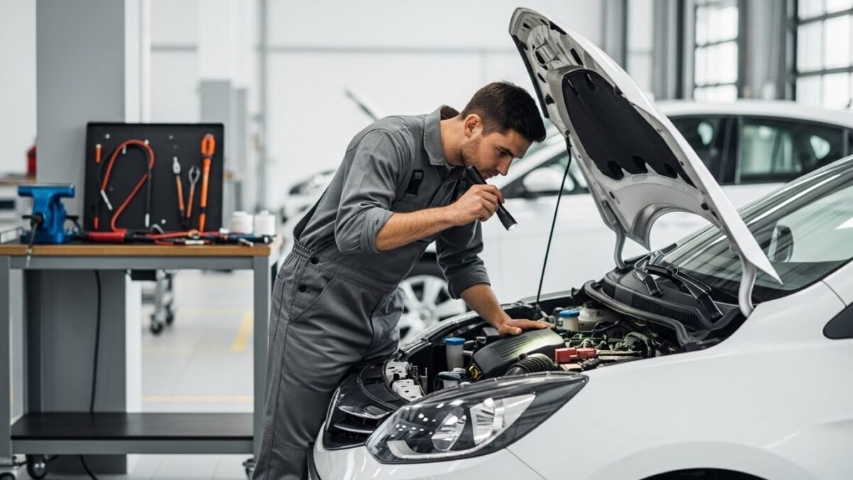 Peugeot 208 mantenimiento: Comparativa de costes reales frente al MG3 Hybrid mecánico mirando el motor de un coche en una revisión dentro del taller