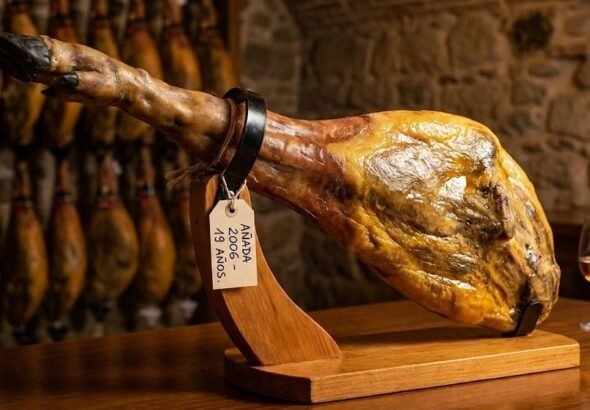 Recreación artística del jamón joselito más caro del mundo sobre una mesa con una copa de vino al lado
