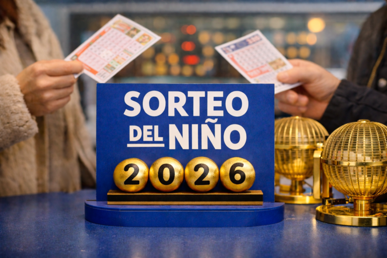 Recreación sobre el sorteo del niño de 2026 donde aparecen dos décimos del sorteo.