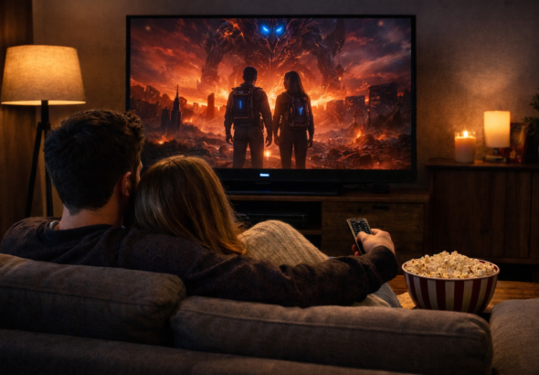 Una pareja en el sofá de su casa viendo el estreno de la segunda parte de Stranger Things 5 en Netflix