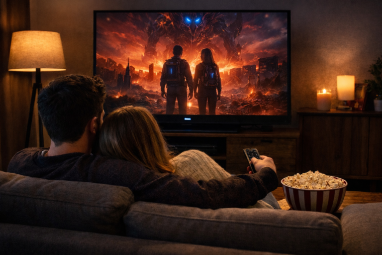 Una pareja en el sofá de su casa viendo el estreno de la segunda parte de Stranger Things 5 en Netflix