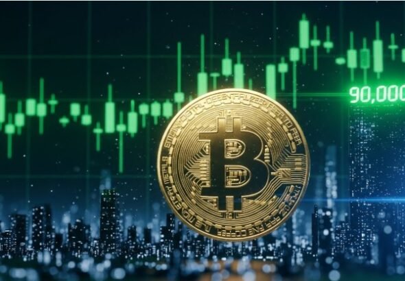 Gráfico de Bitcoin rozando los 90.000 dólares en una pantalla financiera