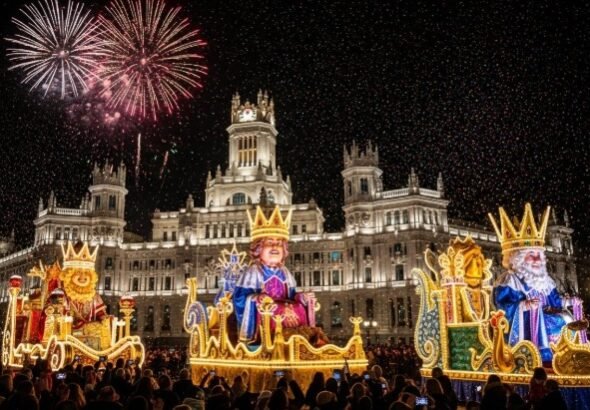 Cabalgata de los reyes magos madrid desfilando por la plaza de cibeles con fuegos artificiales