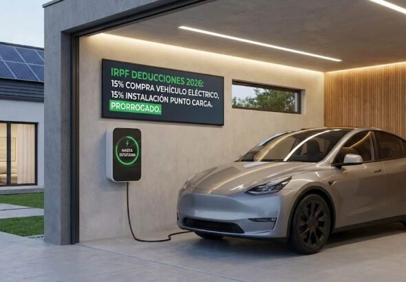 Coche eléctrico enchufado a un punto de carga en el garaje de una vivienda moderna unifamiliar, ilustrando las deducciones del IRPF prorrogadas para 2026