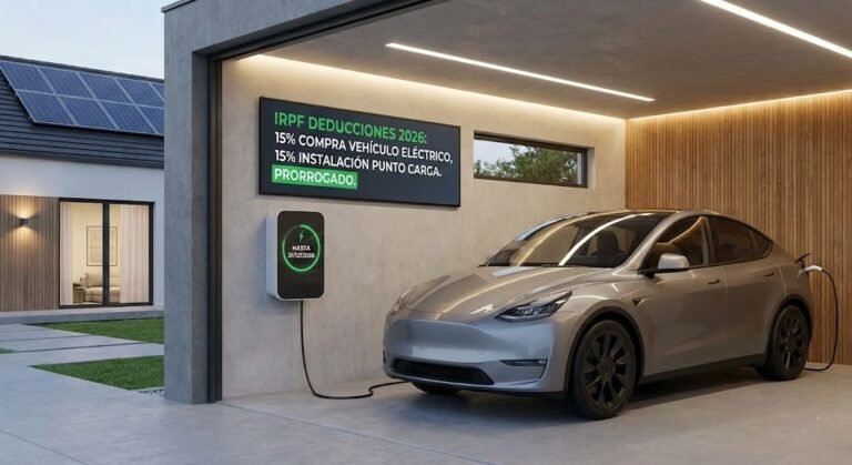 Coche eléctrico enchufado a un punto de carga en el garaje de una vivienda moderna unifamiliar, ilustrando las deducciones del IRPF prorrogadas para 2026