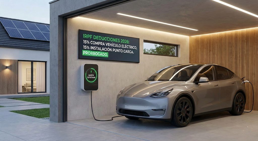 Hacienda premia el ahorro energético: Prorrogadas las deducciones del IRPF por comprar coche eléctrico y rehabilitar la vivienda en 2026 Coche eléctrico enchufado a un punto de carga en el garaje de una vivienda moderna unifamiliar, ilustrando las deducciones del IRPF prorrogadas para 2026