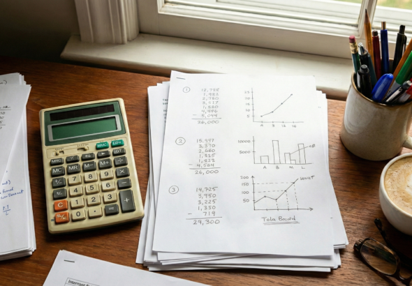 Mesa que muestra unos folios y una calculadora junto a un café para calcular la declaracion-renta-parados-no-obligatoria
