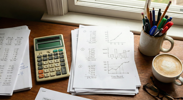 Mesa que muestra unos folios y una calculadora junto a un café para calcular la declaracion-renta-parados-no-obligatoria
