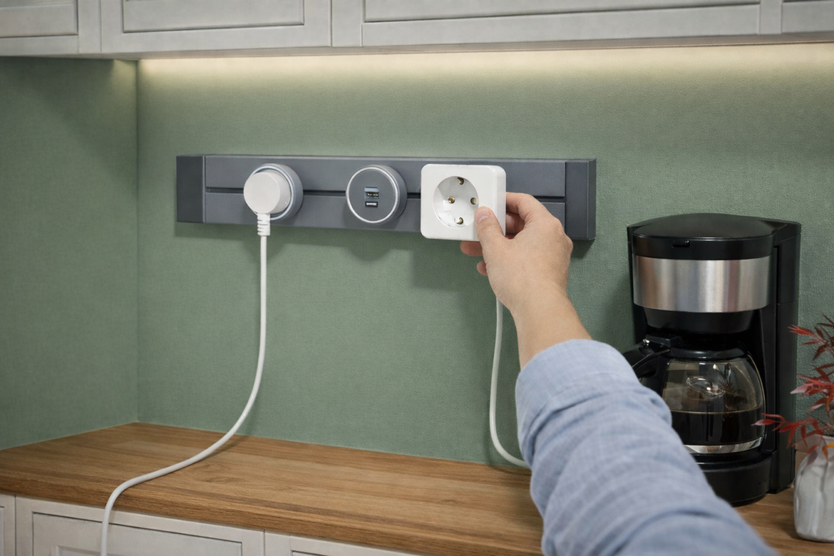 Nuevos Enchufes modulares: el cambio que permitirá instalar tomas de corriente sin obras en España Persona instalando un enchufe modular en una cocina con pared verde y encimera de madera, sin necesidad de obras