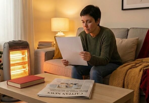 Primer plano de mujer revisando una factura eléctrica y una calculadora con una estufa de fondo, ilustrando la prórroga de los descuentos del Bono Social de la luz para 2026.