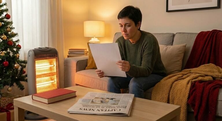 Primer plano de mujer revisando una factura eléctrica y una calculadora con una estufa de fondo, ilustrando la prórroga de los descuentos del Bono Social de la luz para 2026.