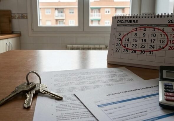Primer plano de unas llaves, una calculadora y un calendario marcado en diciembre de 2026 sobre documentos de alquiler, ilustrando la prórroga del escudo social que frena los desahucios.