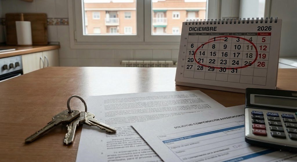 El Gobierno prorroga el "escudo social" en vivienda: Suspendidos los desahucios hasta final de 2026 y compensaciones a propietarios hasta 2027 Primer plano de unas llaves, una calculadora y un calendario marcado en diciembre de 2026 sobre documentos de alquiler, ilustrando la prórroga del escudo social que frena los desahucios.