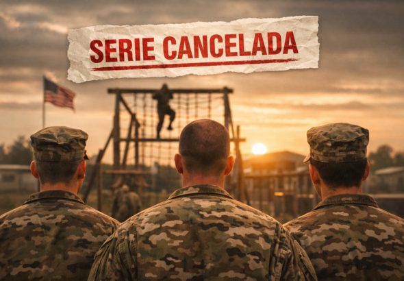 Reclutas militares durante un entrenamiento al aire libre, con un cartel que anuncia la cancelación. Netflix cancela reclutas.