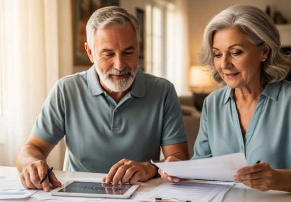 Pareja de jubilados consultando los requisitos y las nuevas cuantías de las pensiones a finales de 2025.