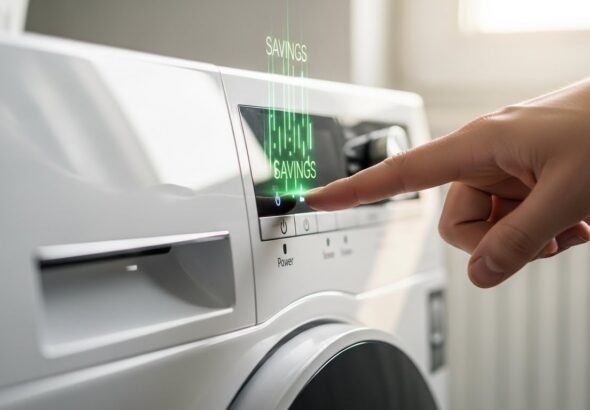 Gráfico genérico sobre el ahorro en el precio de la luz hoy mostrando electrodomésticos y monedas.