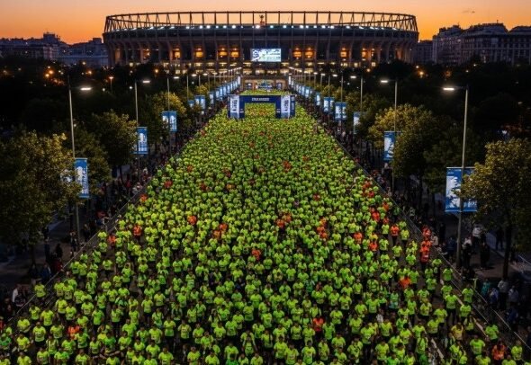 Miles de corredores con camisetas neón en la salida de la San Silvestre Vallecana en Madrid frente al estadio
