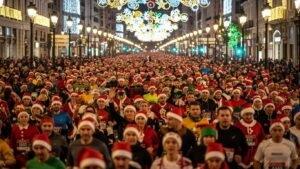 Fotografía gran angular de una carrera popular nocturna en una gran avenida Valencia. Miles de corredores con disfraces divertidos y gorros de papá noel. Iluminación navideña en las calles, ambiente festivo y multitudinario. Estilo fotoperiodismo deportivo vibrante.