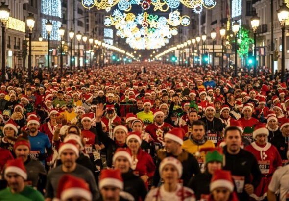Fotografía gran angular de una carrera popular nocturna en una gran avenida Valencia. Miles de corredores con disfraces divertidos y gorros de papá noel. Iluminación navideña en las calles, ambiente festivo y multitudinario. Estilo fotoperiodismo deportivo vibrante.