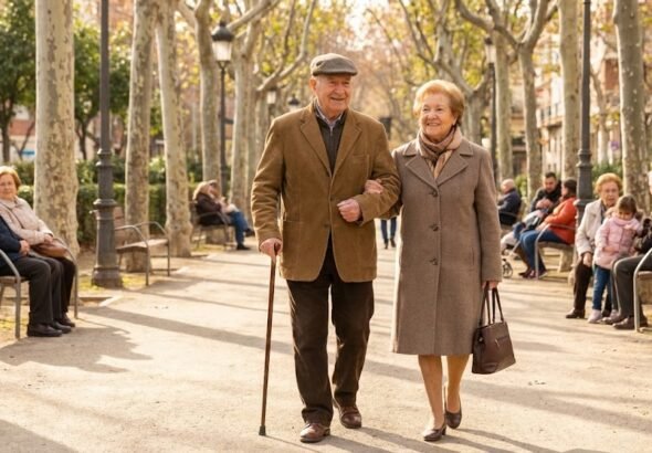 Una pareja de jubilados paseando por un parque hablando sobre la subida de pensiones 2026