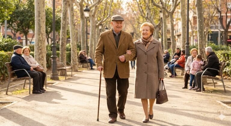 Una pareja de jubilados paseando por un parque hablando sobre la subida de pensiones 2026
