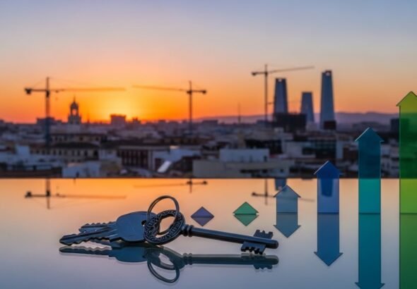 Imagen que muestra unas llaves en una azotea de una vivienda 2026 españa, mostrando una gráfica de subida de precios