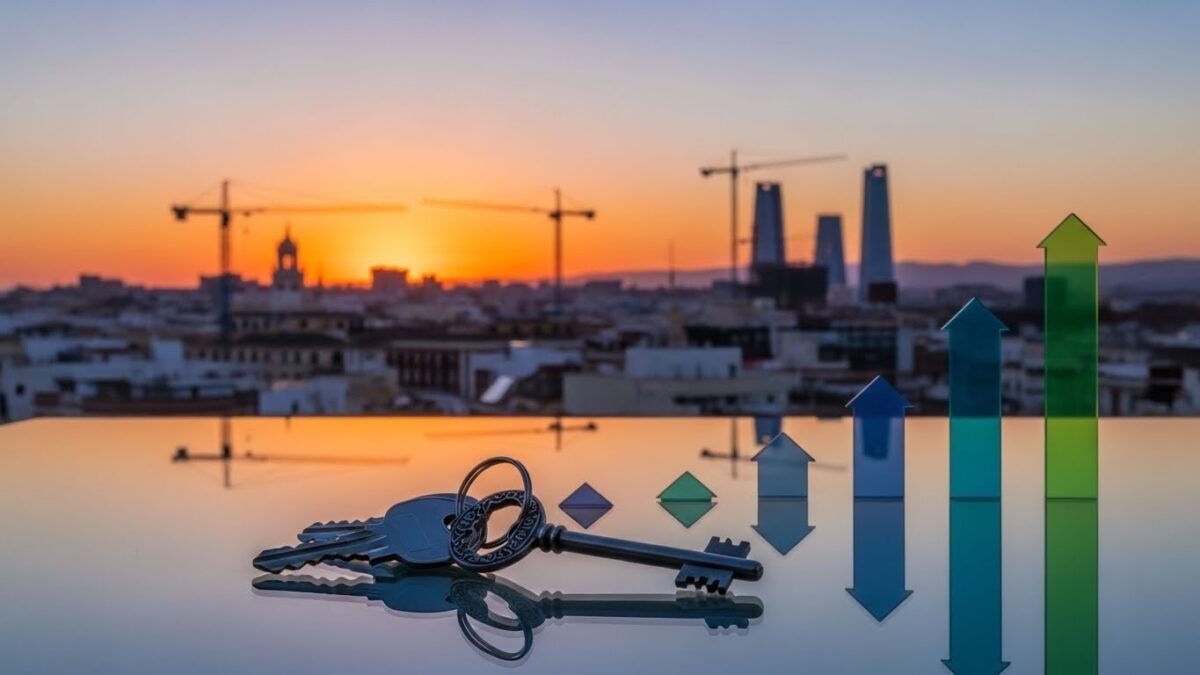 Vivienda 2026: El año del "doble máximo" histórico en España Imagen que muestra unas llaves en una azotea de una vivienda 2026 españa, mostrando una gráfica de subida de precios