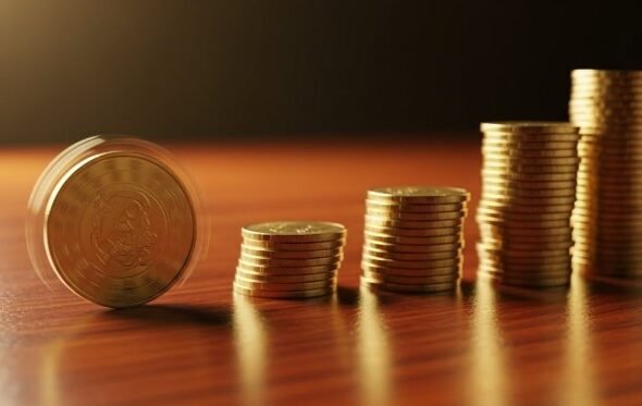 Imagen que muestra varios montones de monedas, desde menos monedas hasta más simulando el crecimiento de un ahorro con interés compuesto.