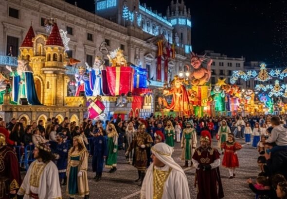 Recreación artística de la cabalgata de Reyes de Valencia 2026 pasando por delante de la puerta del Ayuntamiento en su recorrido final