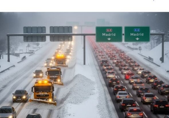 Carretera de acceso a Madrid cubierta de nieve durante una fuerte tormenta invernal, reflejando la alerta por nieve de la AEMET para el día de Reyes.