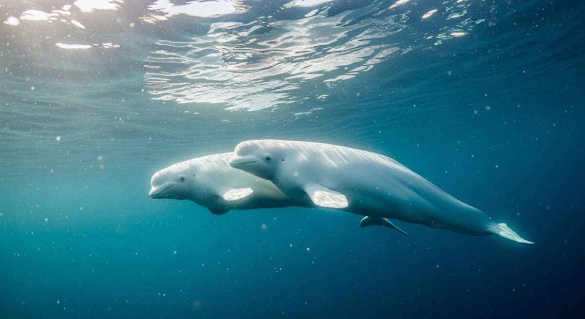 Pareja de ballenas beluga nadando bajo el hielo del Ártico