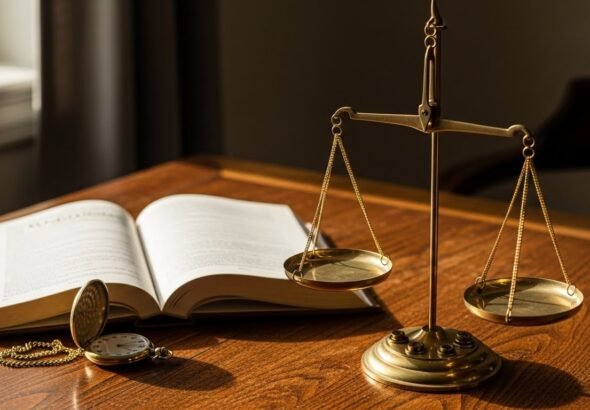 Una balanza de la justicia junto a un reloj antiguo marcando las 10:00, simbolizando la decisión judicial contra José Luis Ábalos.