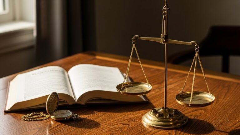 Una balanza de la justicia junto a un reloj antiguo marcando las 10:00, simbolizando la decisión judicial contra José Luis Ábalos.
