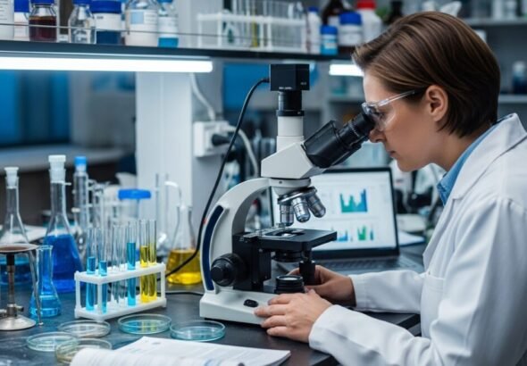 Una científica está mirando en el microscopio Esquema detallado de la barrera mucosa y sus capas protectoras.