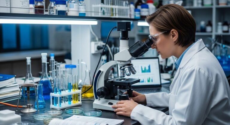 Una científica está mirando en el microscopio Esquema detallado de la barrera mucosa y sus capas protectoras.