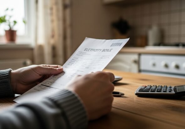 Detalle de una factura de la luz y una calculadora en un hogar que se beneficia del bono social eléctrico