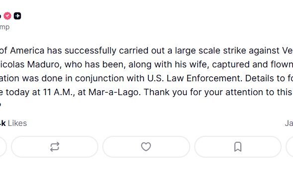 Captura de pantalla del post oficial de Donald Trump en Truth Social confirmando la Captura de Maduro y el ataque a Venezuela.