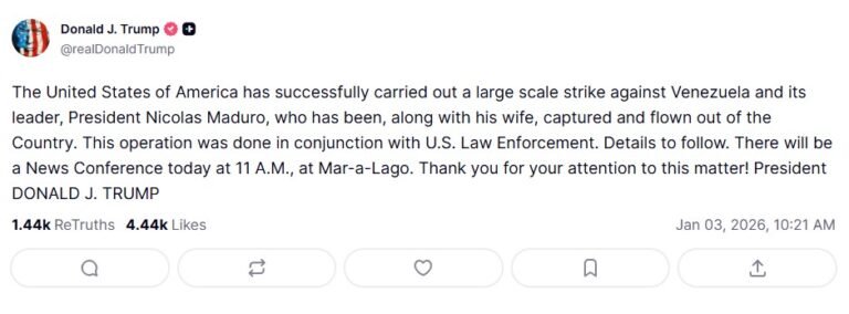 Captura de pantalla del post oficial de Donald Trump en Truth Social confirmando la Captura de Maduro y el ataque a Venezuela.