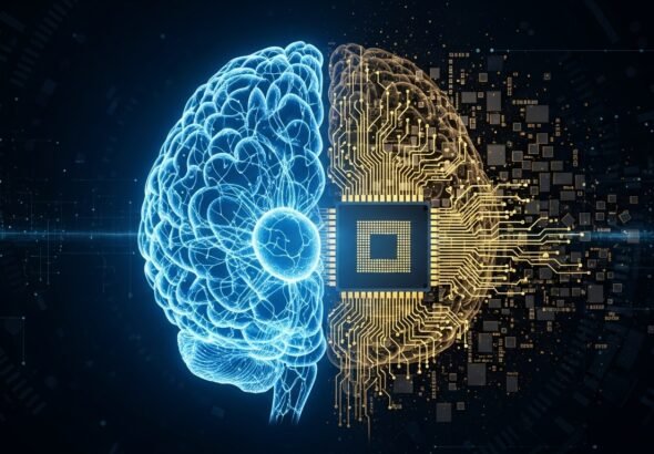 Representación gráfica de un cerebro humano fusionándose con un chip informático para mejorar la eficiencia