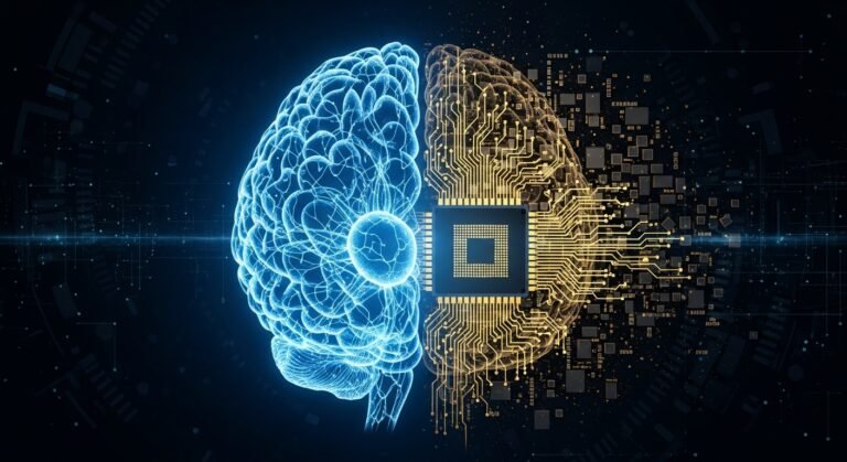 Representación gráfica de un cerebro humano fusionándose con un chip informático para mejorar la eficiencia