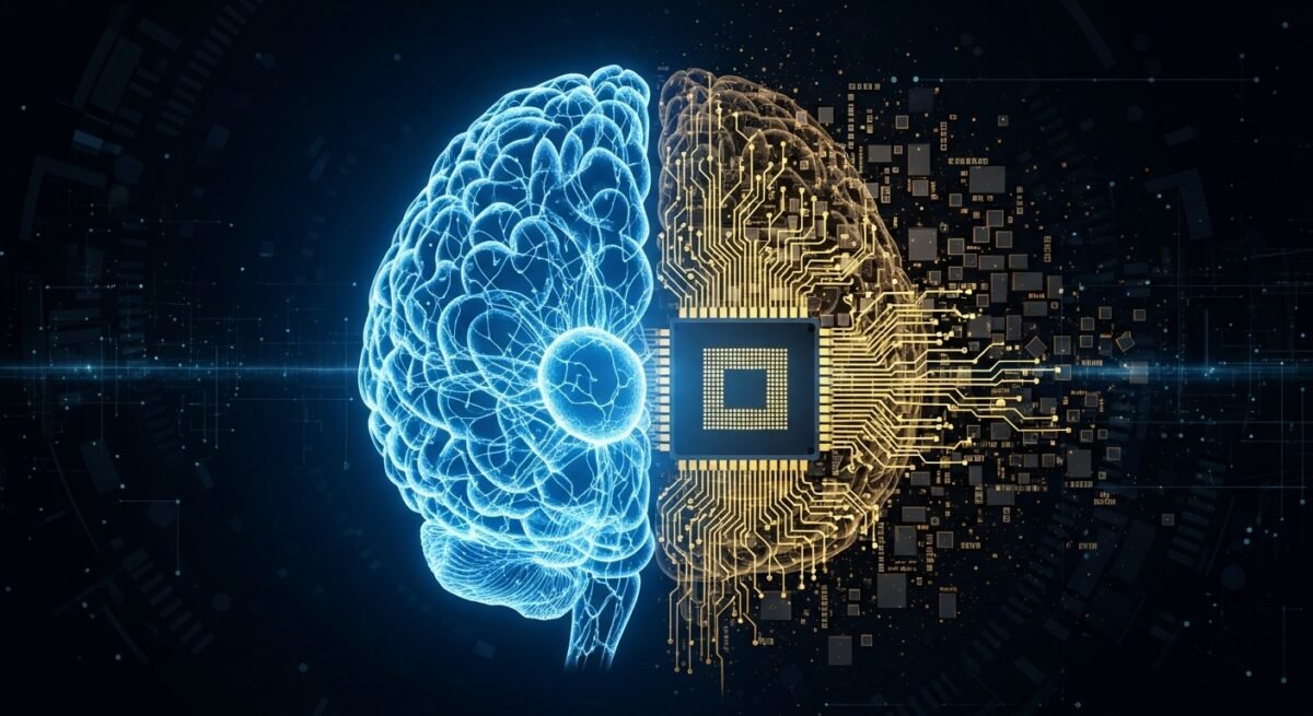 El consumo energético de la IA sugiere imitar al cerebro: científicos proponen romper el "muro de la memoria" Representación gráfica de un cerebro humano fusionándose con un chip informático para mejorar la eficiencia