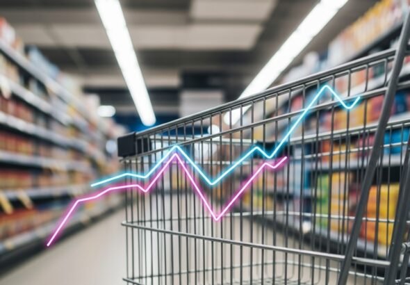 Gráfico de la evolución de el dato del IPC sobre un fondo de supermercado