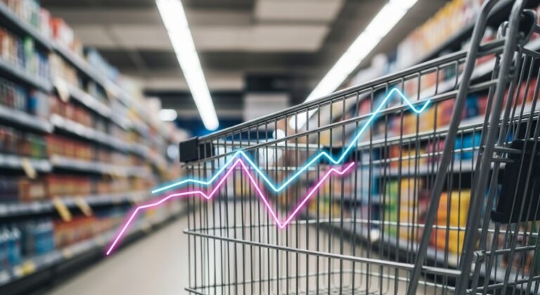 Gráfico de la evolución de el dato del IPC sobre un fondo de supermercado