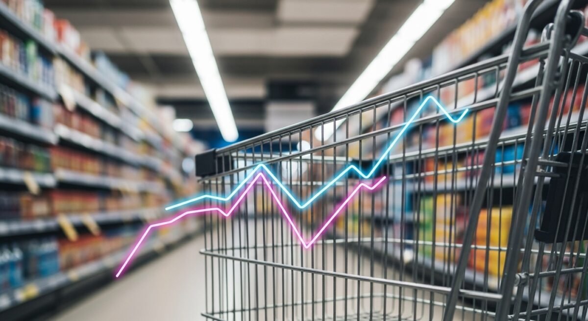 El dato del IPC de diciembre sitúa la inflación anual en el 2,9% antes del cambio de base de 2026 Gráfico de la evolución de el dato del IPC sobre un fondo de supermercado