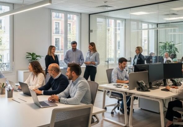 Profesionales trabajando en una oficina moderna en España, reflejando el récord histórico de Empleo en España alcanzado en 2026.