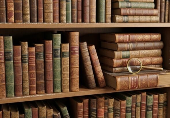 Imagen que muestra una estantería con libros de imprenta antigua.