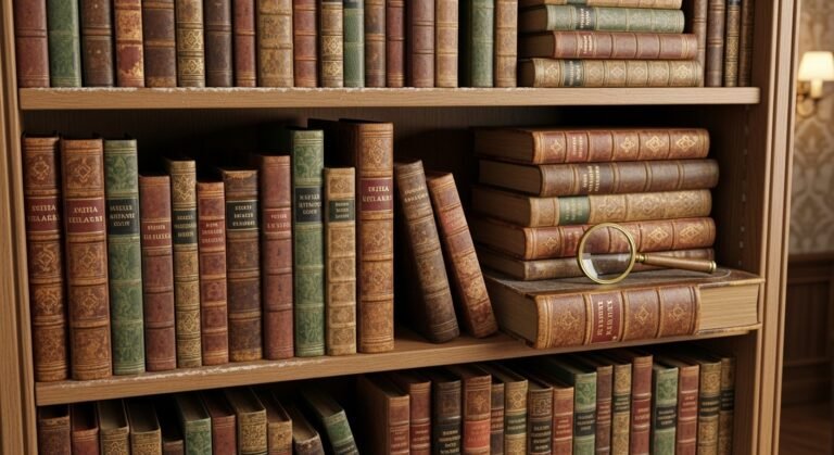 Imagen que muestra una estantería con libros de imprenta antigua.
