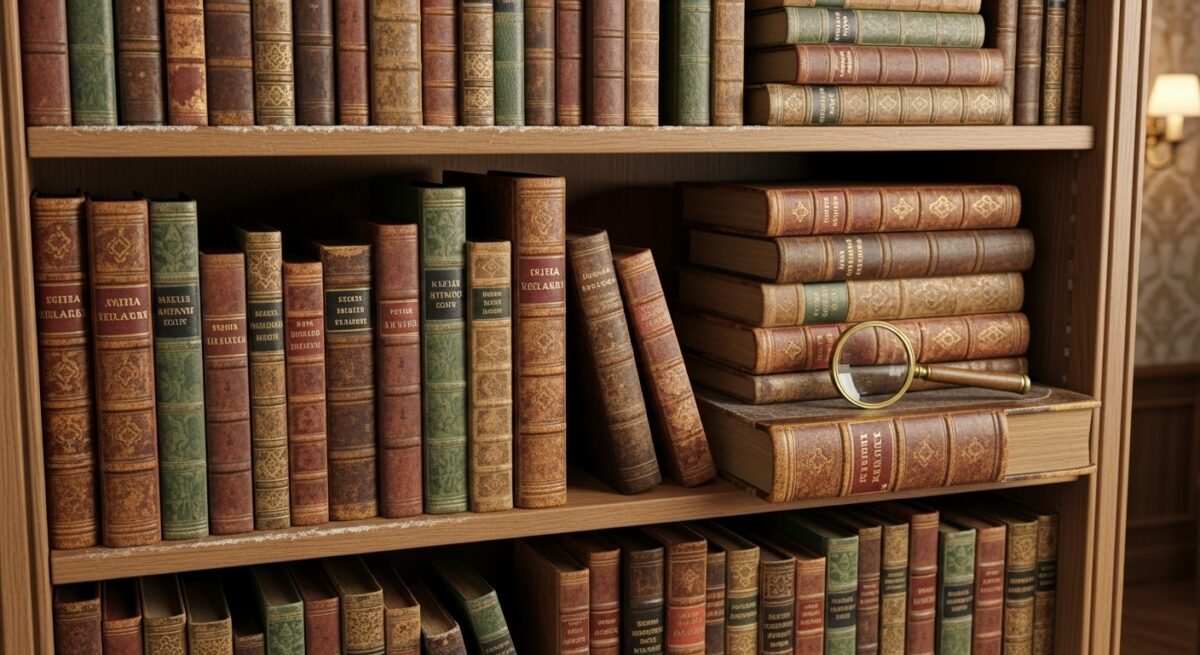 Imagen que muestra una estantería con libros de imprenta antigua.